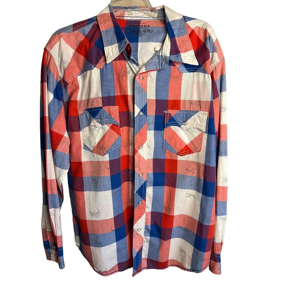 Western Men's XL plaid red white blue skulls long sleeve pockets snap up